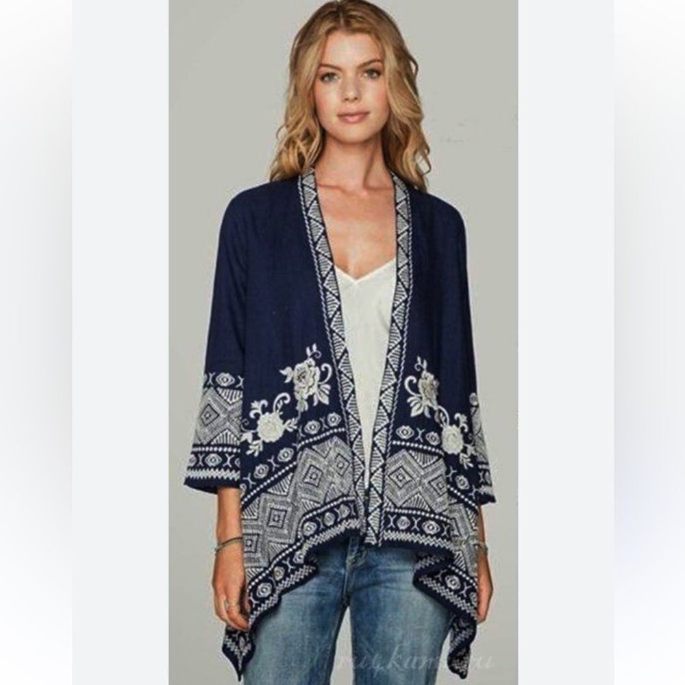 Johnny Was Kimono Women’s Navi Embroidered Floral Sz Small